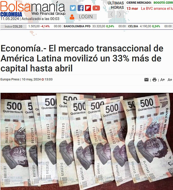 Economa.- El mercado transaccional de Amrica Latina moviliz un 33% ms de capital hasta abril